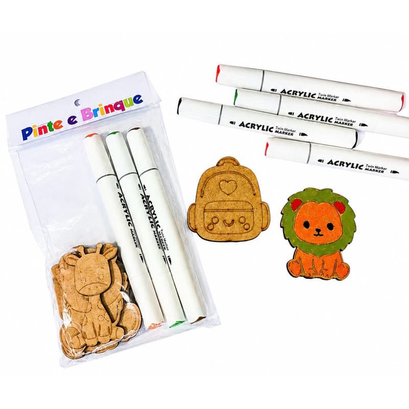 Kit Pinte e Brinque - 6 peças em Mdf e 3 canetas acrilíca cores variadas