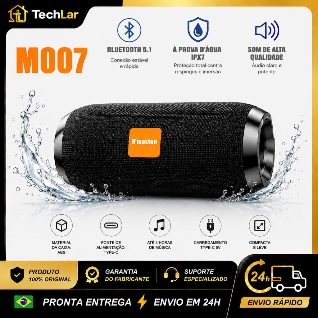 Caixa de Som Bluetooth 5.3 Portátil M007, IPX7, Som Hi-Fi Potente, USB