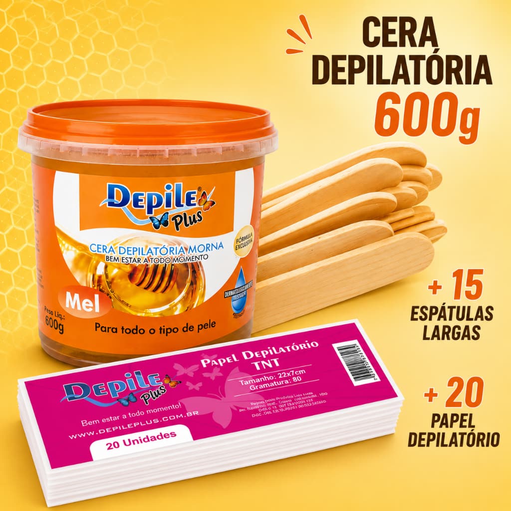 Kit Cera Depilatória Depile Plus 600g + 20 Papel Depilatório + 15 Espátulas de Madeira Depilação