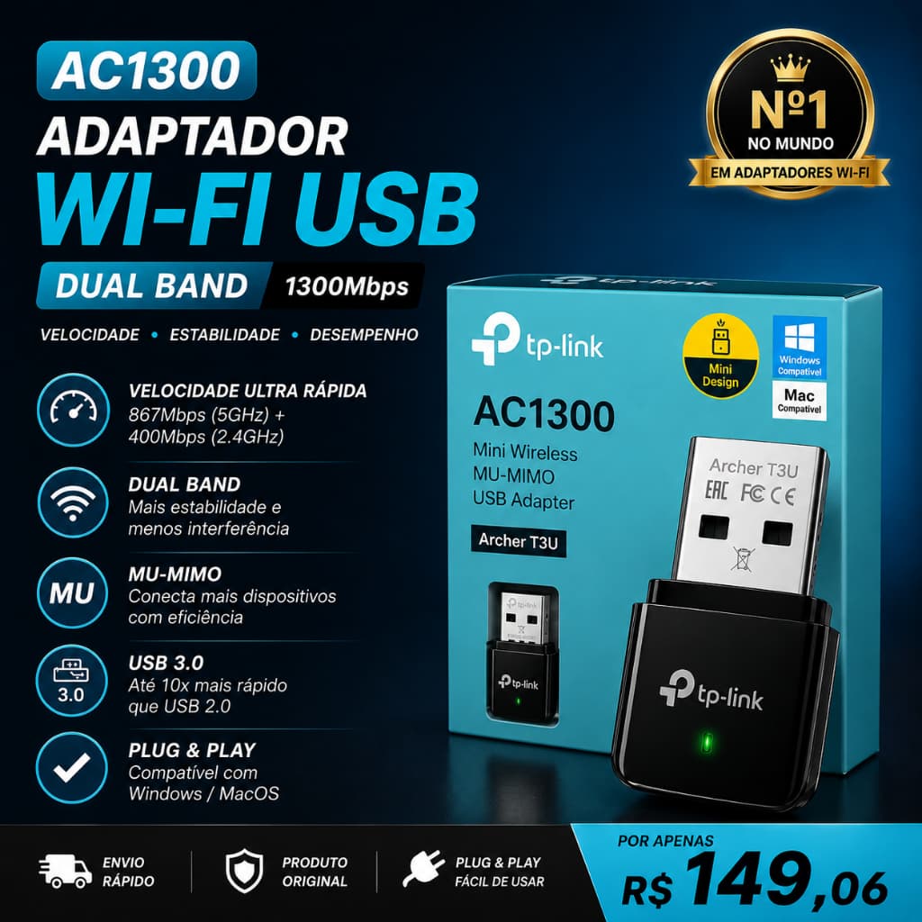Adaptador WiFi USB 3.0 TP-Link Archer T3U AC1300 Dual Band 5GHz 867Mbps MU-MIMO Mini Alta Velocidade