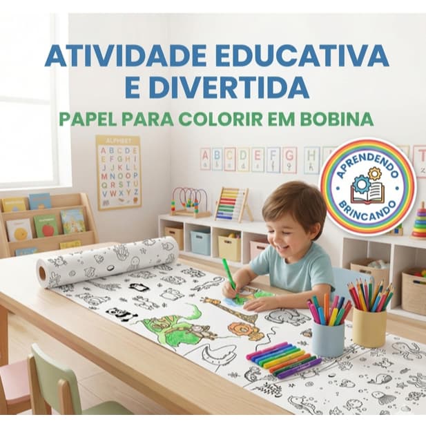 Papel Decorativo Infantil Bobina 25 Metros Tema Selva ou Fundo do Mar para Colorir Infantil Diversão, Colorir pintar