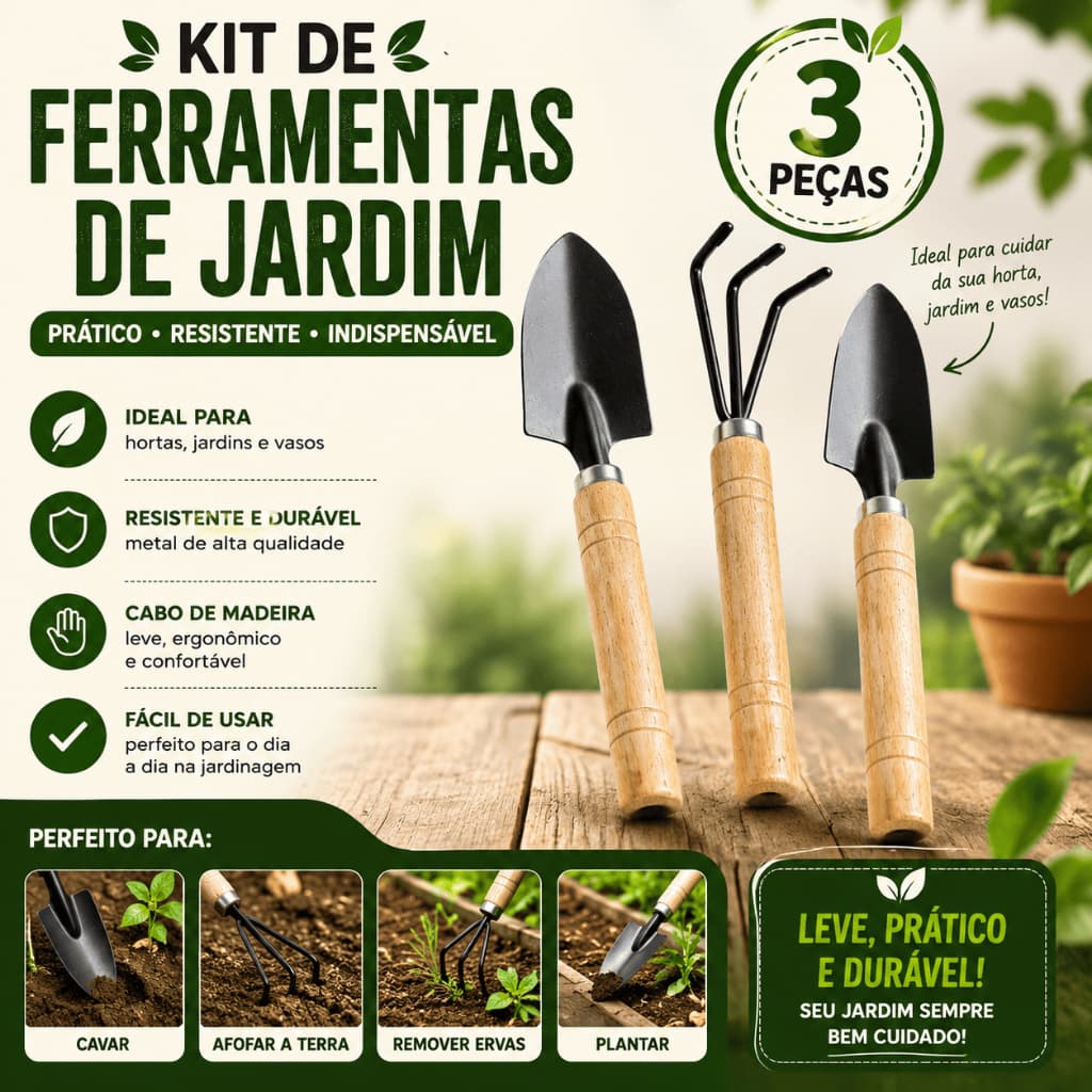 Kit 3 Ferramentas de Jardinagem Garfo Pazinha Larga Transplantador Cultivo com Ancinho e Pá Conjunto Jardim Horta