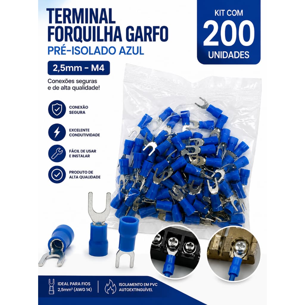 KIT Terminal Garfo/forquilha 1,5 E 2,5mm Azul Pre-isolado 200pç
