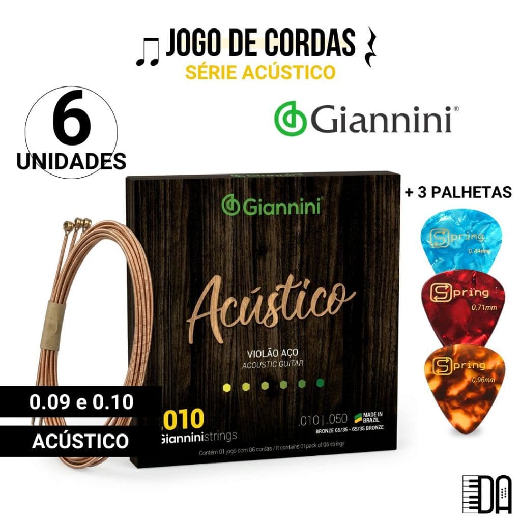 Cordas Violão Aço 0.09 0.10 e 0.11 Giannini Série Acústico Encordoamento Completo Brinde 3 Palhetas