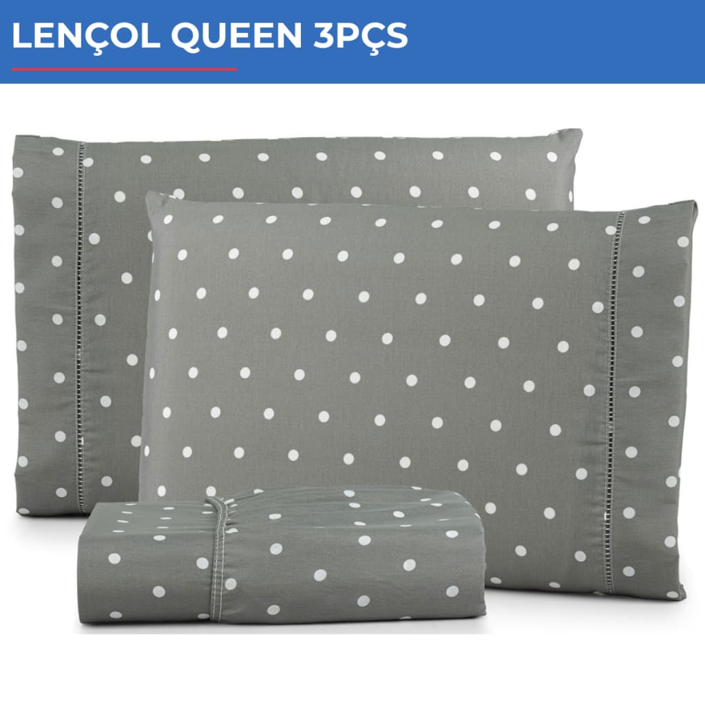 Jogo De Lençol Queen 3pçs Estampado 300 Fios C/ Elástico Cinza Com Bolinhas Brancas