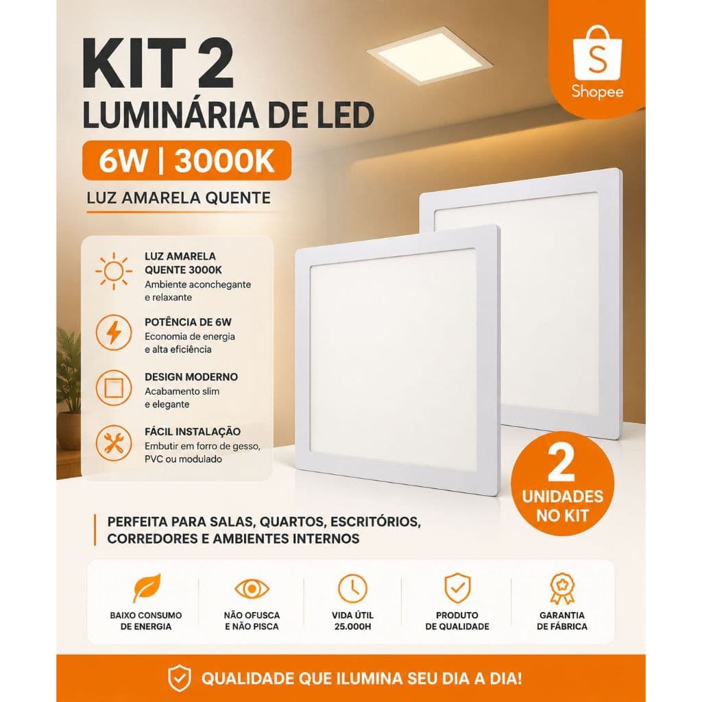 Kit 2 Luminárias LED Embutir Quadrado 6W Painel Slim Teto Branco Quente Morno Luz Amarela 3000k TYF