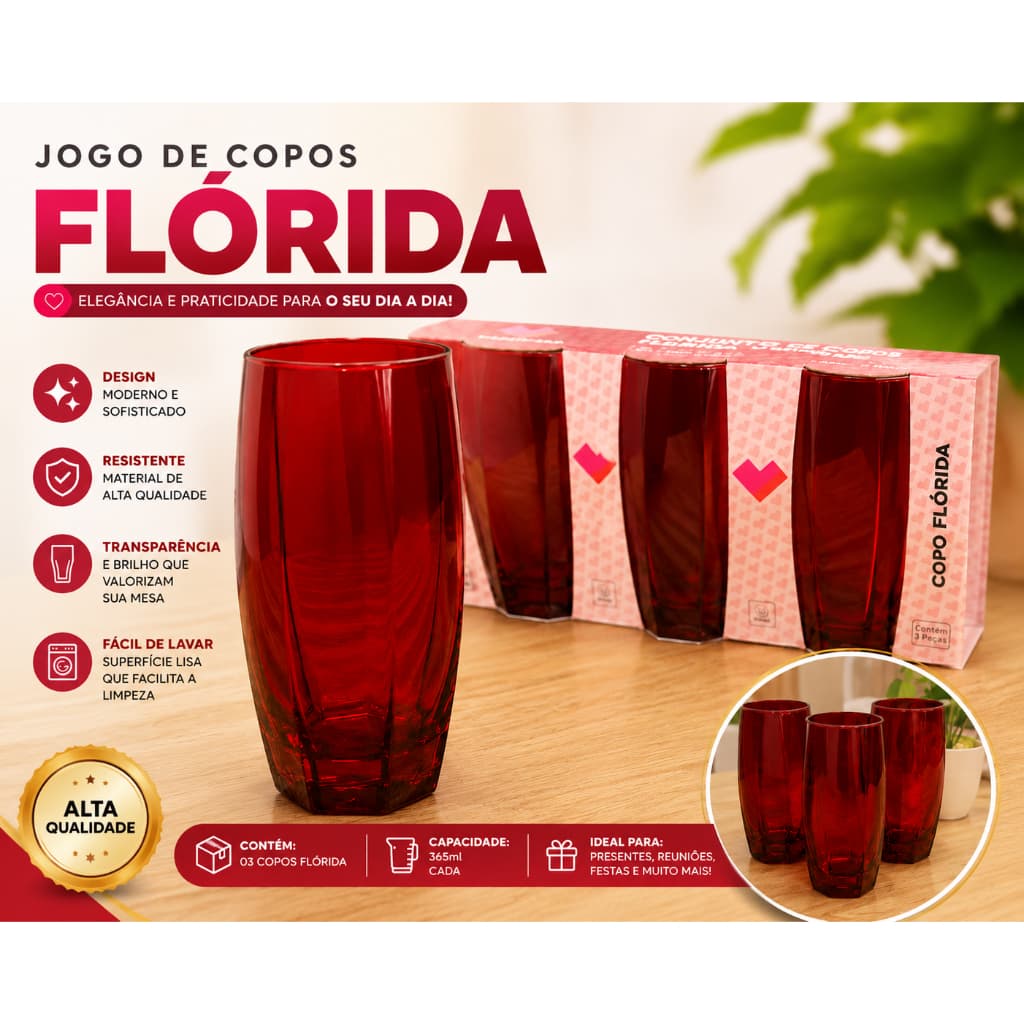 Conjunto 3 Copos Vidro Flórida 365ml Vermelhos Mesa Posta