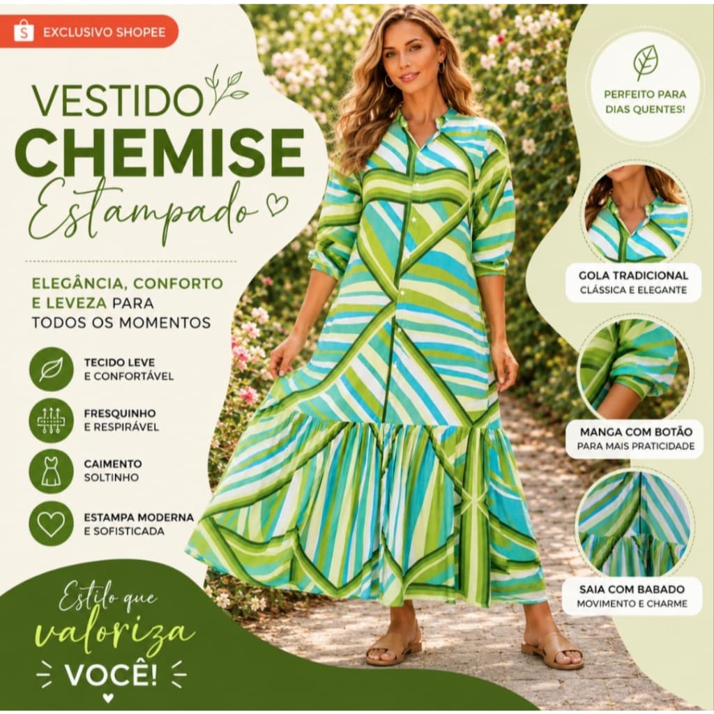 Vestido Chemise Feminino Longo Estampado Verde Manga Longa Elegante Soltinho Moda Verão