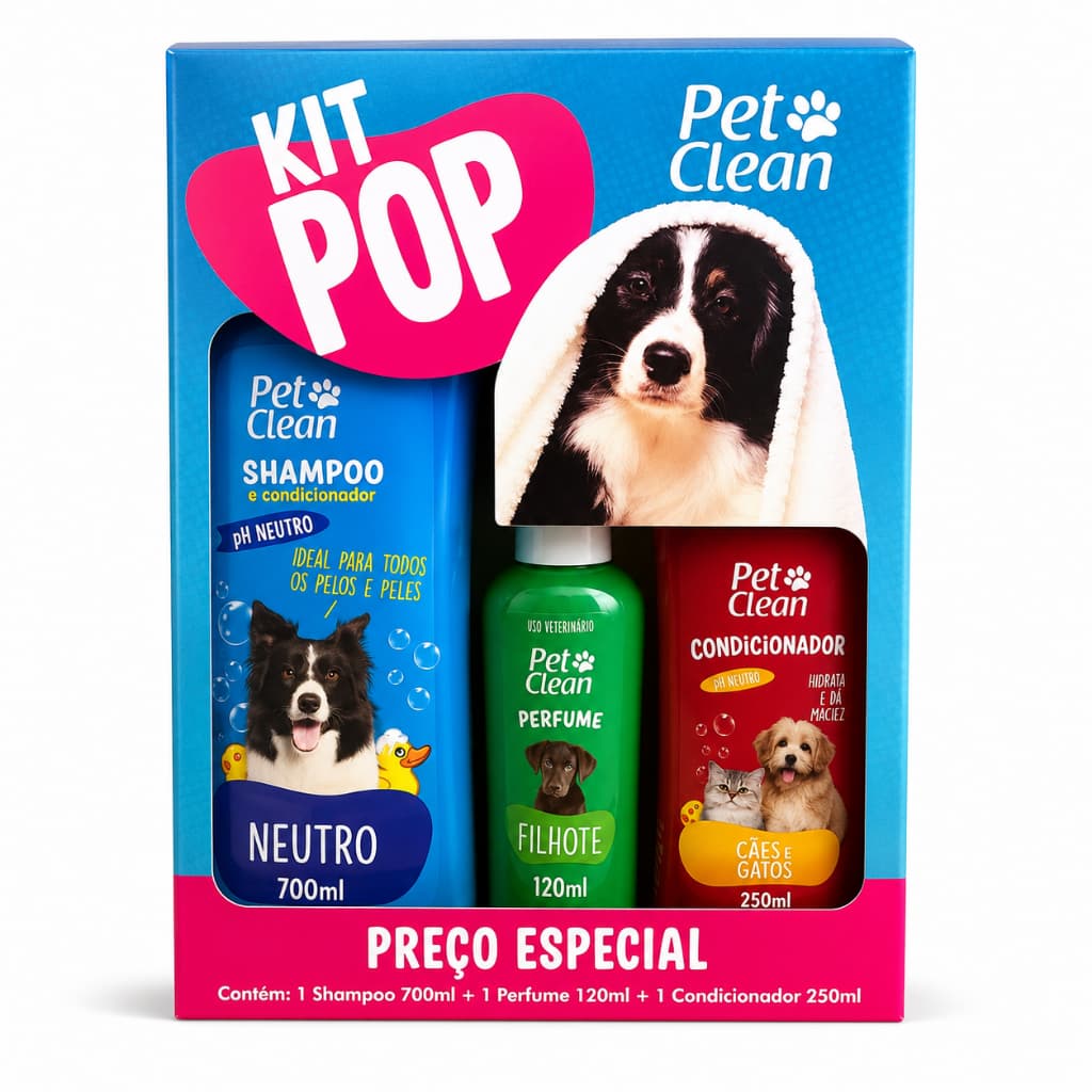 Kit Banho Pop Pet Clean - 1 Shampoo + 1 Perfume + 1 Condicionador Cães Gatos