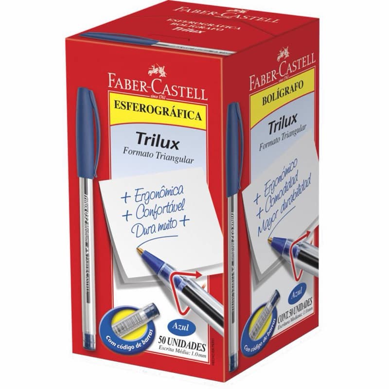 Caneta Esferográfica Trilux Azul Ponta Média, Faber-Castell, 50 Unidades