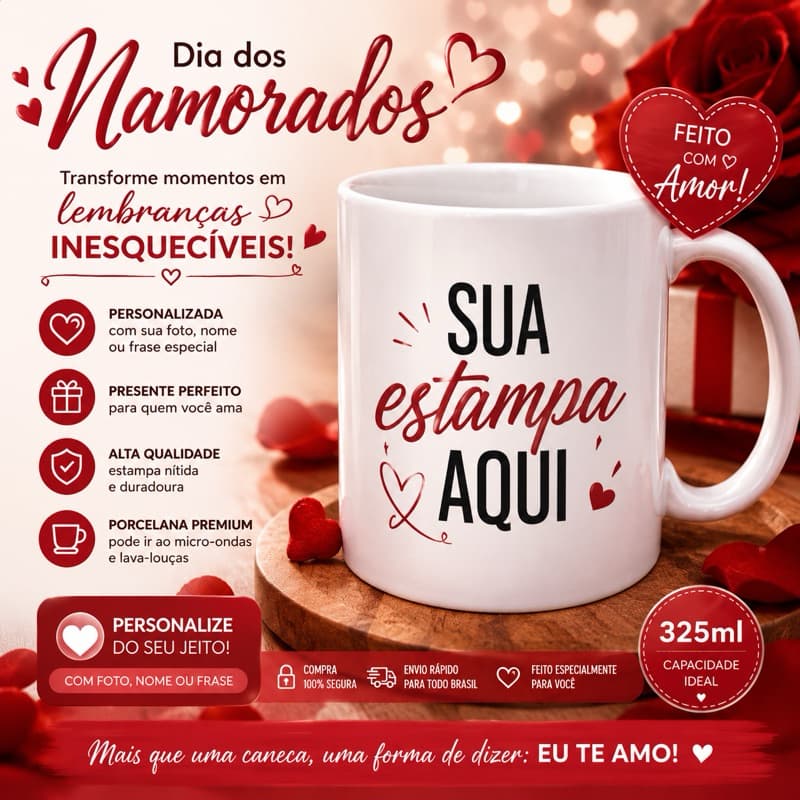 Caneca Personalizada Casal com Foto e Frase | Presente Criativo Dia dos Namorados em Porcelana Premium