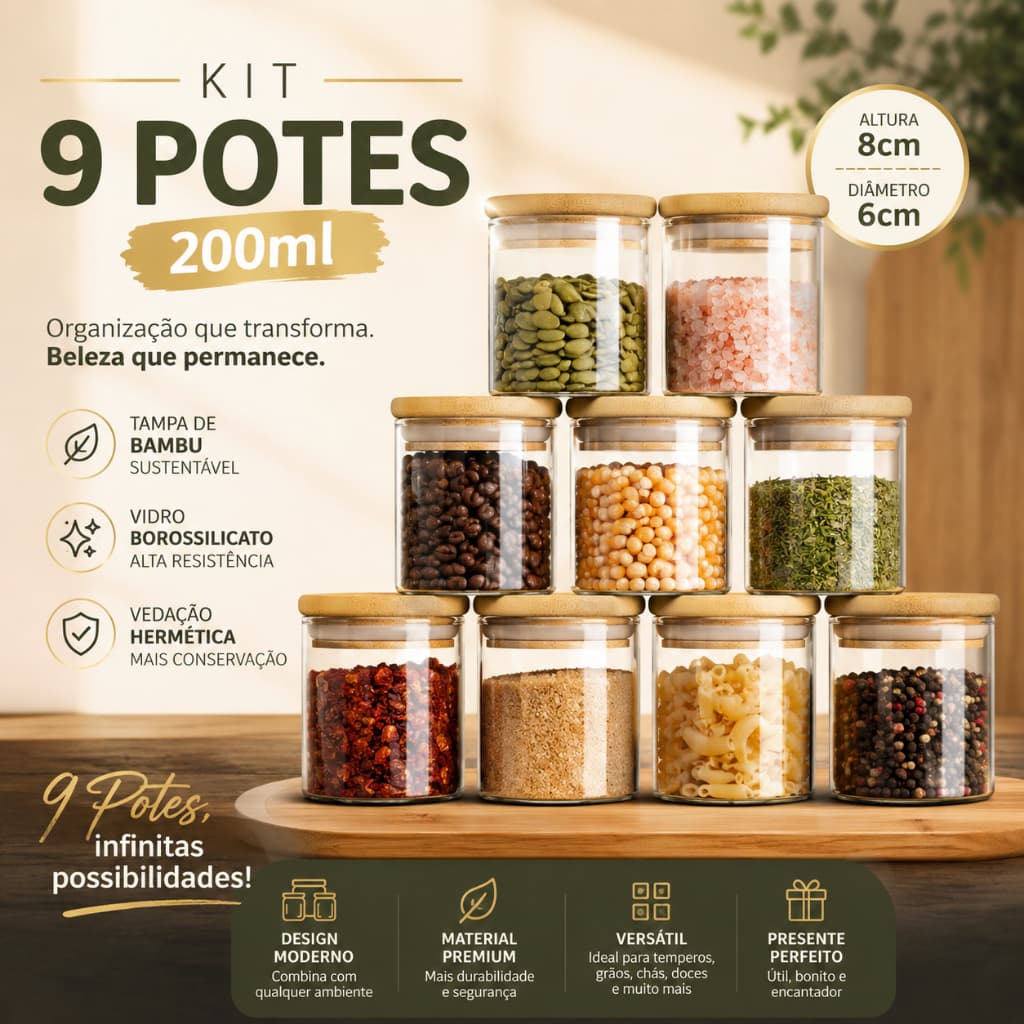 Kit 9 Potes Hermético 200ml Mantimentos Vidro Tampa De Bambu
