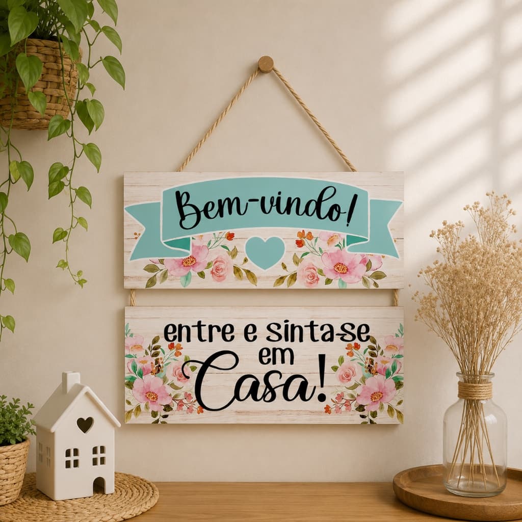 Placa Decorativa MDF com Alça de Sisal Bem-Vindo entre Sinta-se em Casa Decoração Sala Hall de Entrada