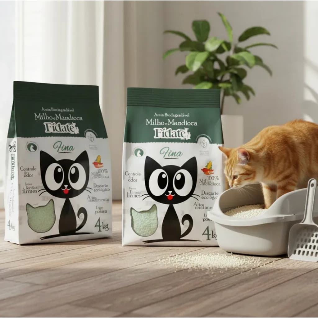 Kit Areia De Gato Biodegradável 8kg Fídate Natural Milho e Mandioca Zero Poeira Sem Cheiro
