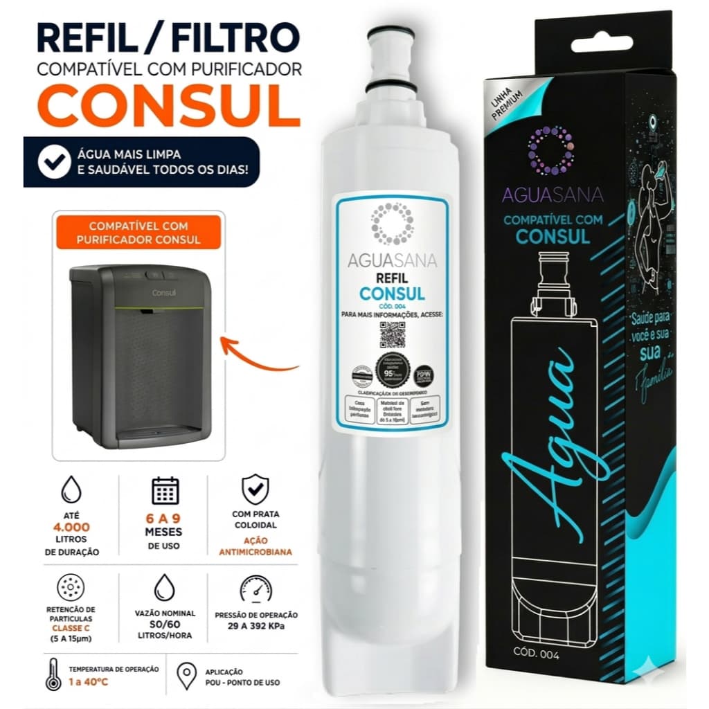 Filtro para Purificador Consul. Refil AGUASANA compatível com o bebedouro.