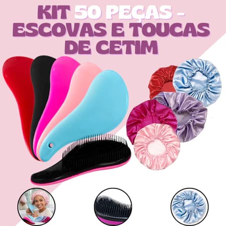 Kit 50 Unidades - 25 Escovas Mágicas e 25 Toucas de Cetim