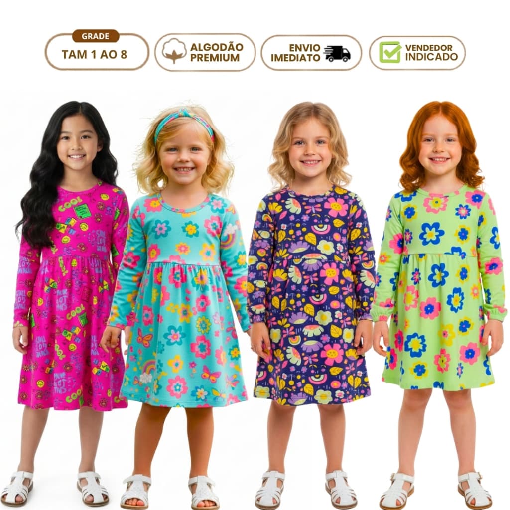 Kit 3 Vestido Inverno Menina Manga Comprida Moda Infantil Estilosa Algodão Roupa Kids Escolar 1 a 8