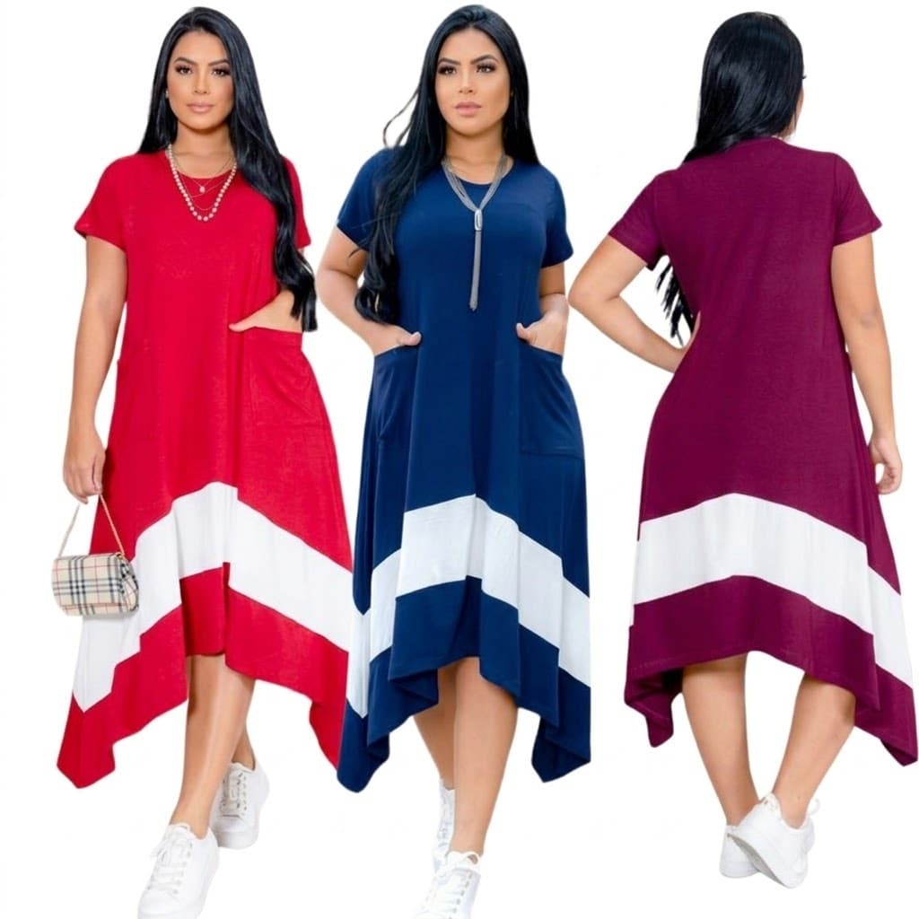 vestido midi feminino bicolor moderno confortável com bolso soltinho casual elegante manga curta estiloso dia a dia