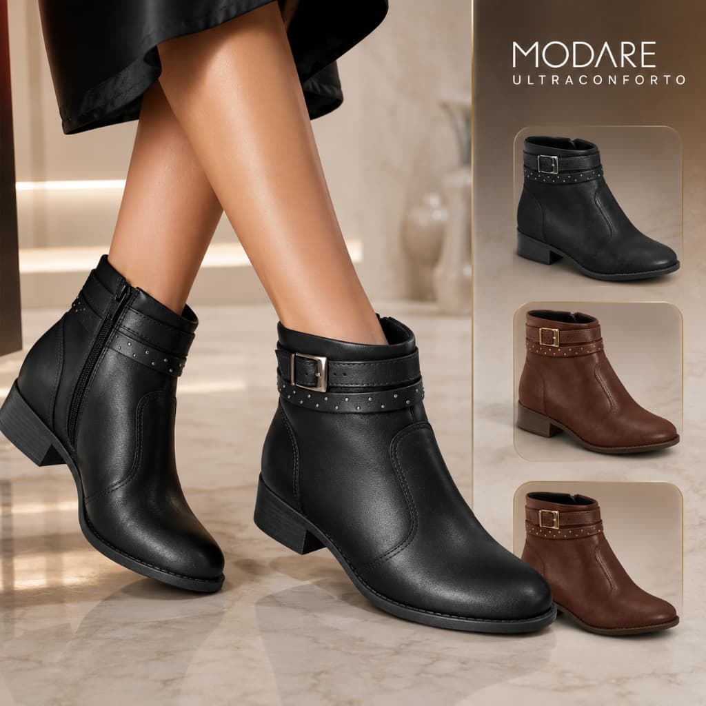 Bota Feminina Casual Modare Salto Bloco Baixo Casual Elegante Fivela Inverno Moda Versátil Original