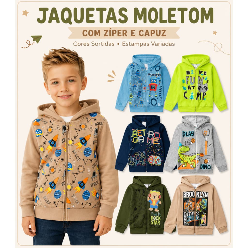 Jaqueta Moletom Infantil Menino com Zíper Casaco Quentinho Confortável