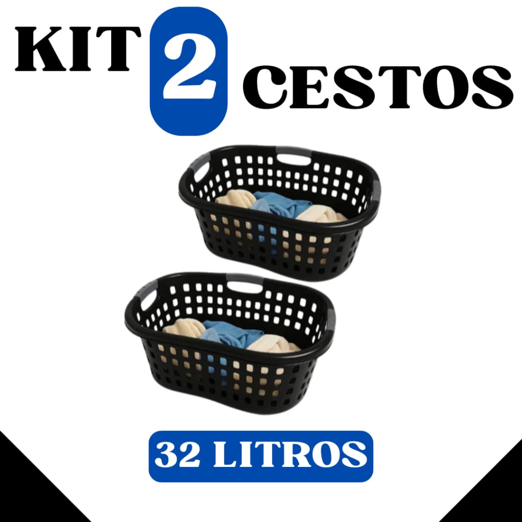 Kit Com 2 Unidades Cesto GRANDE Lavanderia Telado Angular com Alças 32L - TOY 25610