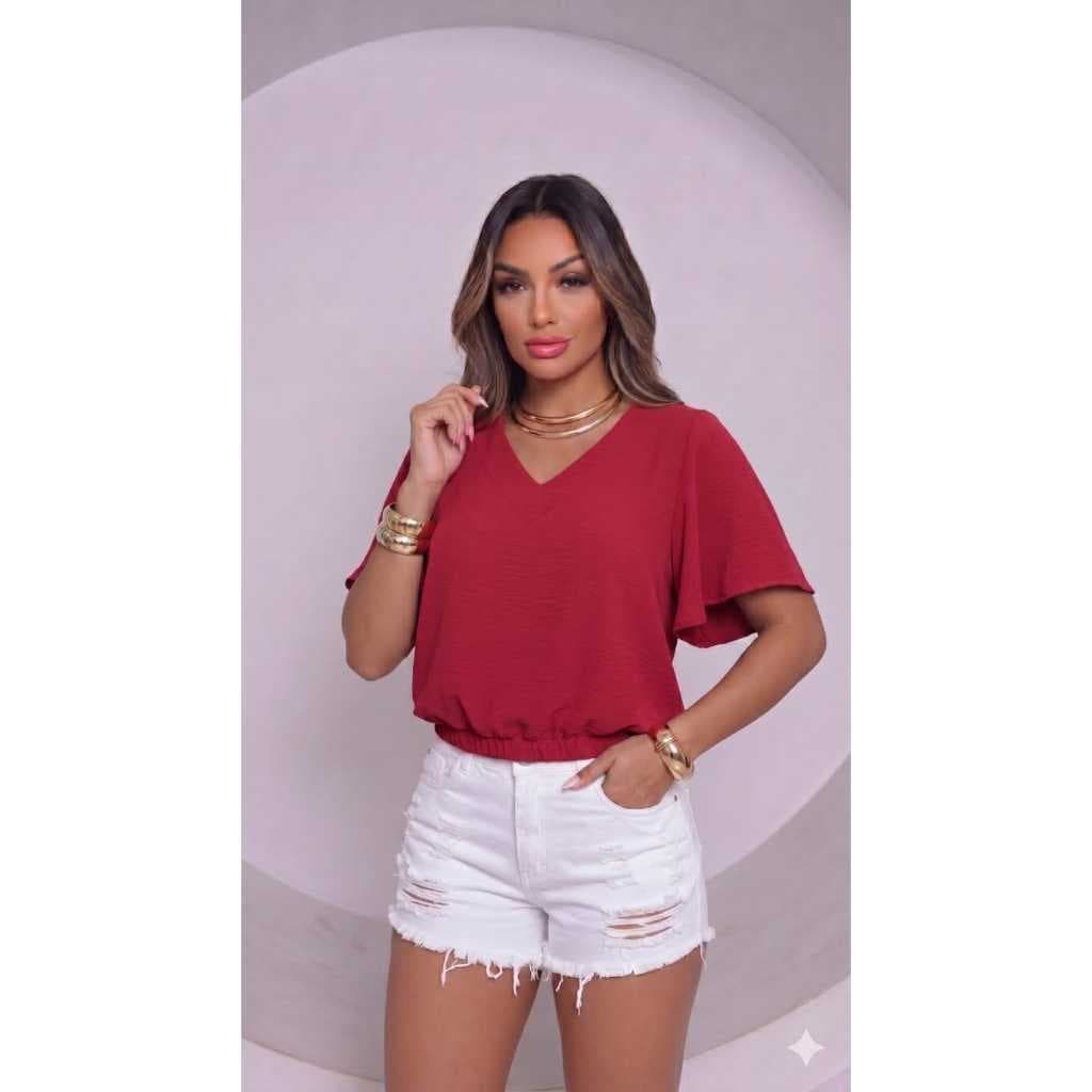 Blusa Feminina Manga Flare Decote V com Cintura Elástico Casual Elegante