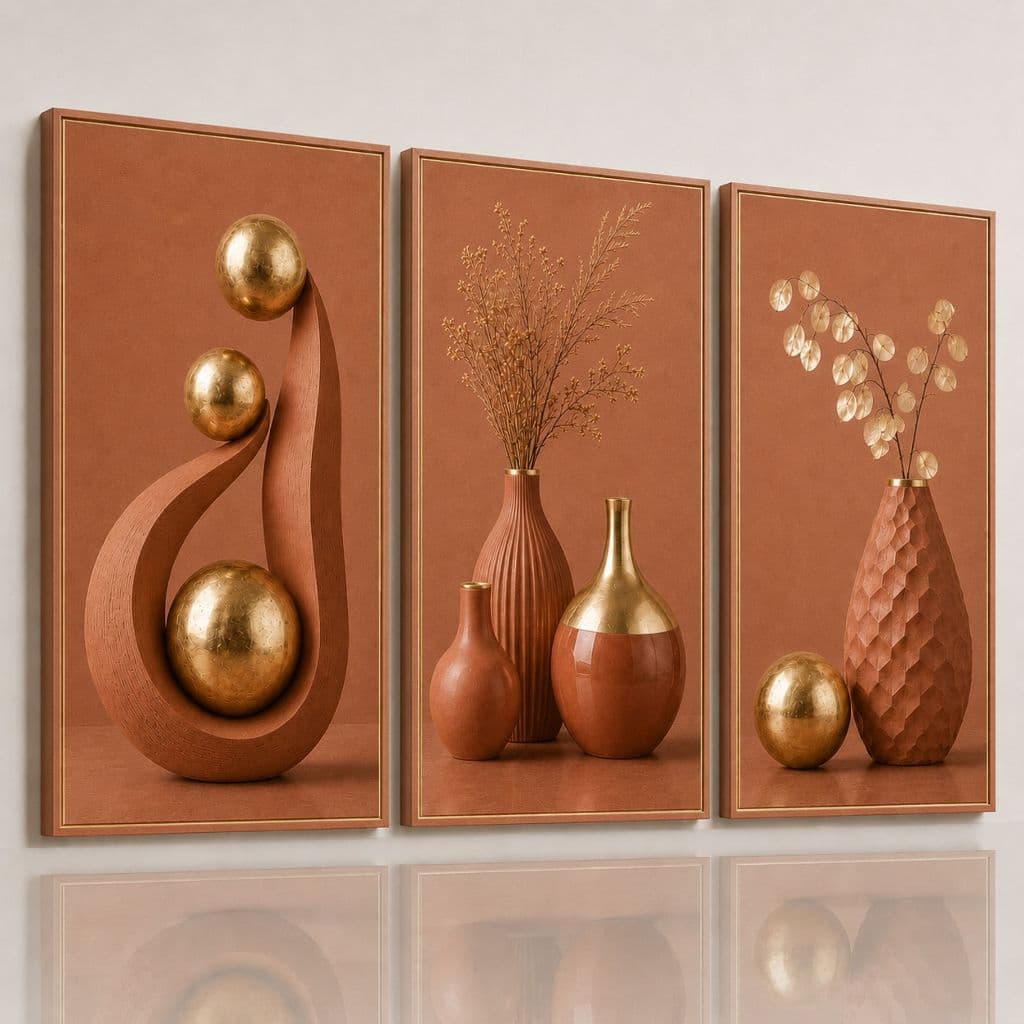 Quadros Decorativos Trio Vasos Terracota Sala Quarto Escritório Luxo Moderno 3 Peças Parede Abstrato MDF 4K 3D Premium