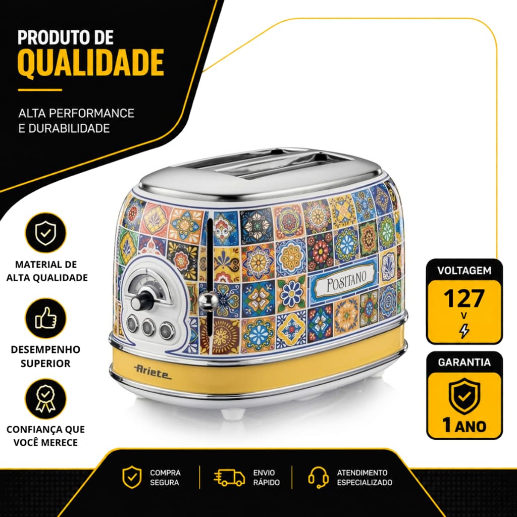 TORRADEIRA ELETRICA ARIETE POSITANO PARA 2 FATIAS COM 6 NÍVEIS DE TOSTAGEM 750W 127V 00C01551NARBR