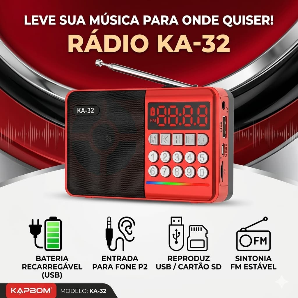 Mini Rádio Portátil KA-32 Bluetooth FM USB Micro SD Recarregável LED RGB