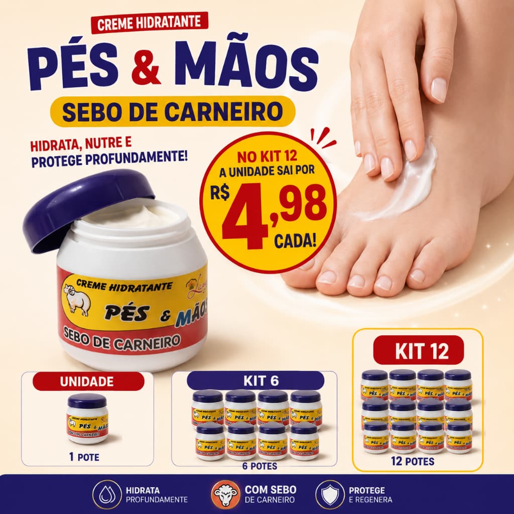 Sebo de Carneiro 230g Creme Hidratante para Pés e Mãos Hidratação Profunda