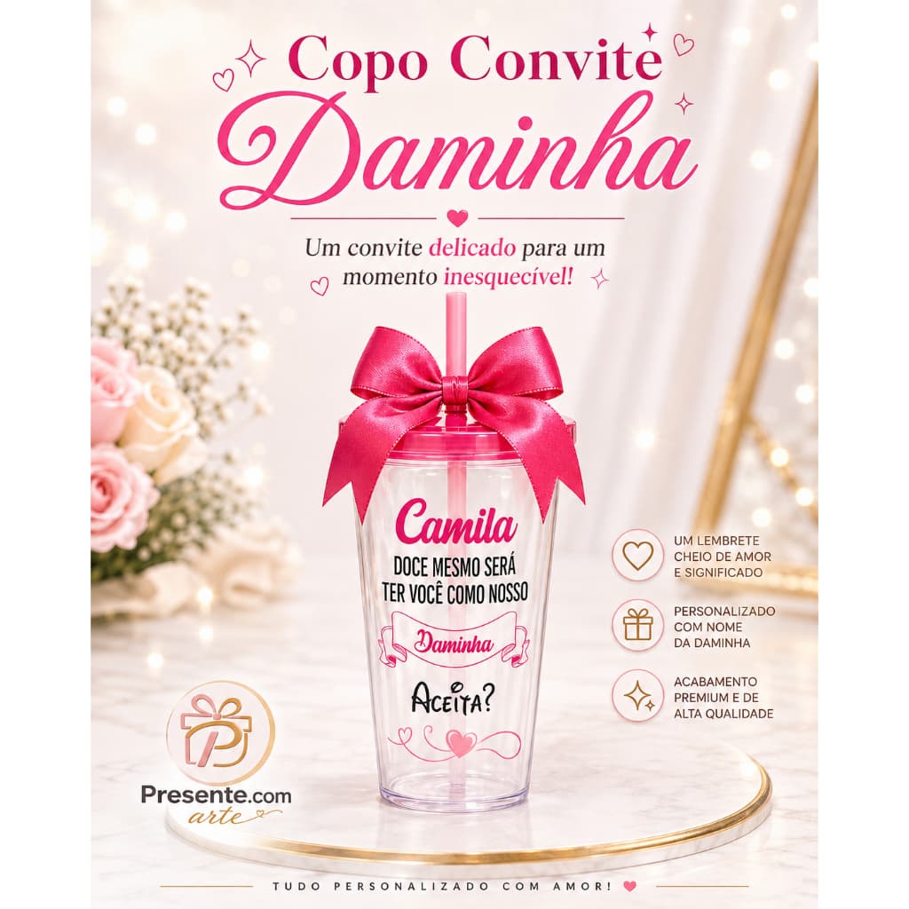 KIT 6 COPOS 600 ml Personalizado E COM LAÇO Pajem e Daminha presente criativo bratizado COM LAÇO