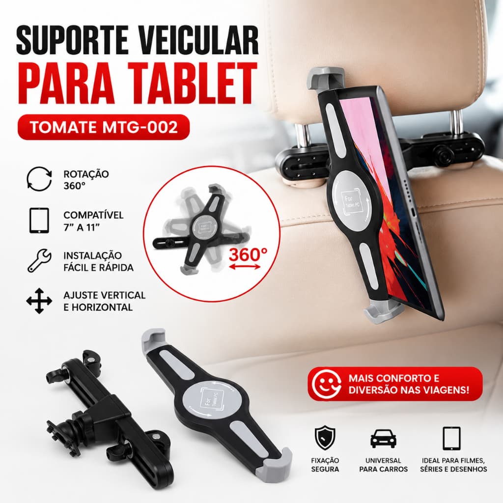 Suporte Veicular Tablet Encosto de Cabeça Universal 7 a 11' Rotação 360° Ajustável para Carro Viagem Infantil