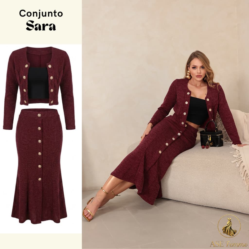 Conjunto Feminino Elegante Outono/Inverno Blusa com Botões decorativos + Saia Midi Presente