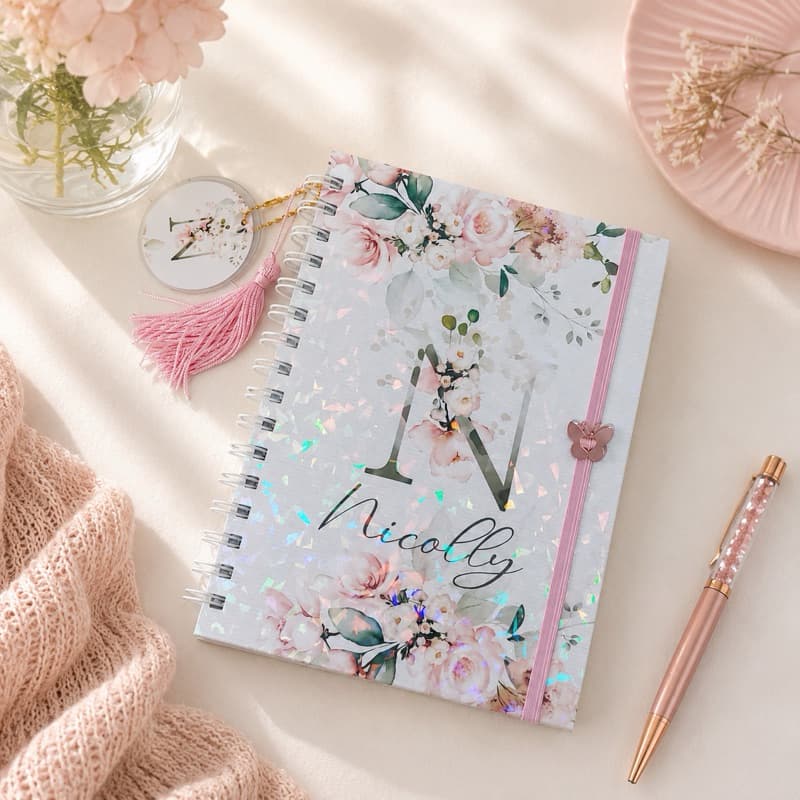 Caderno Personalizado Luxo  com Nome - Capa Fosca ou Holográfica - 200 Páginas - Miolo Feminino Presente