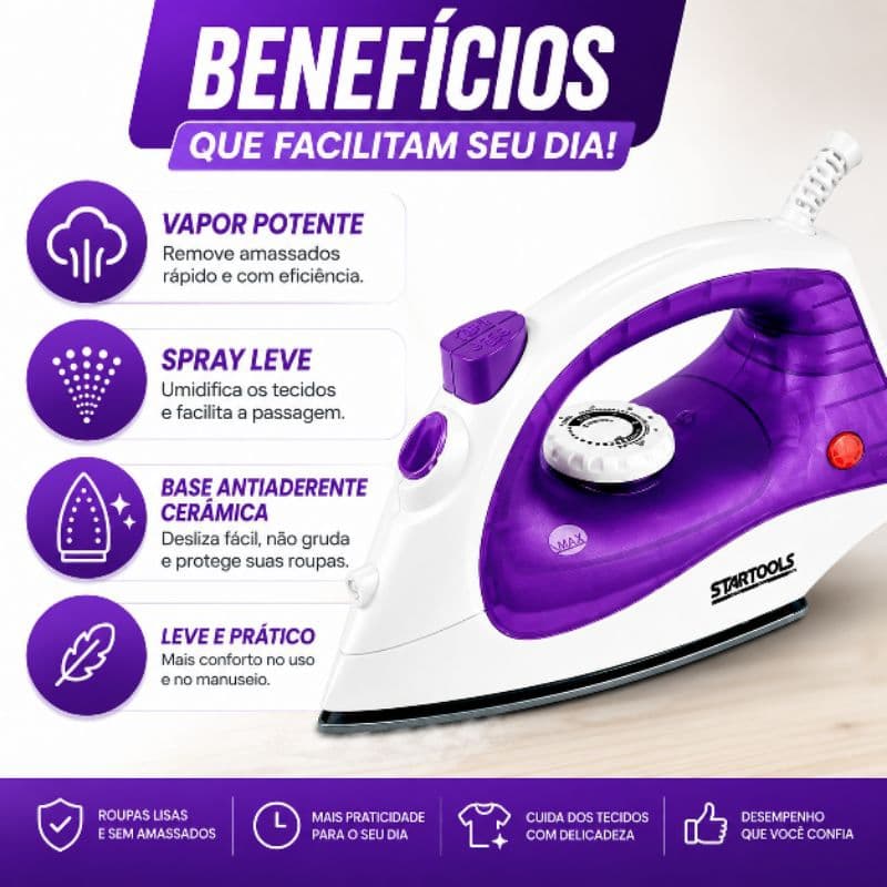 Ferro de Passar a Vapor Premium 1500W Eficiente,Base Antiaderente cerâmica, com spray leve nao gruda