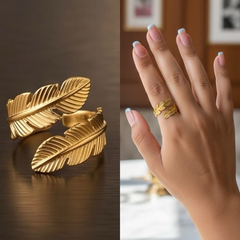 Anel Grosso folhas Ondulado Trançado Dourado Aliança Moderna Regulável Aço Inoxidável Feminino Use naton