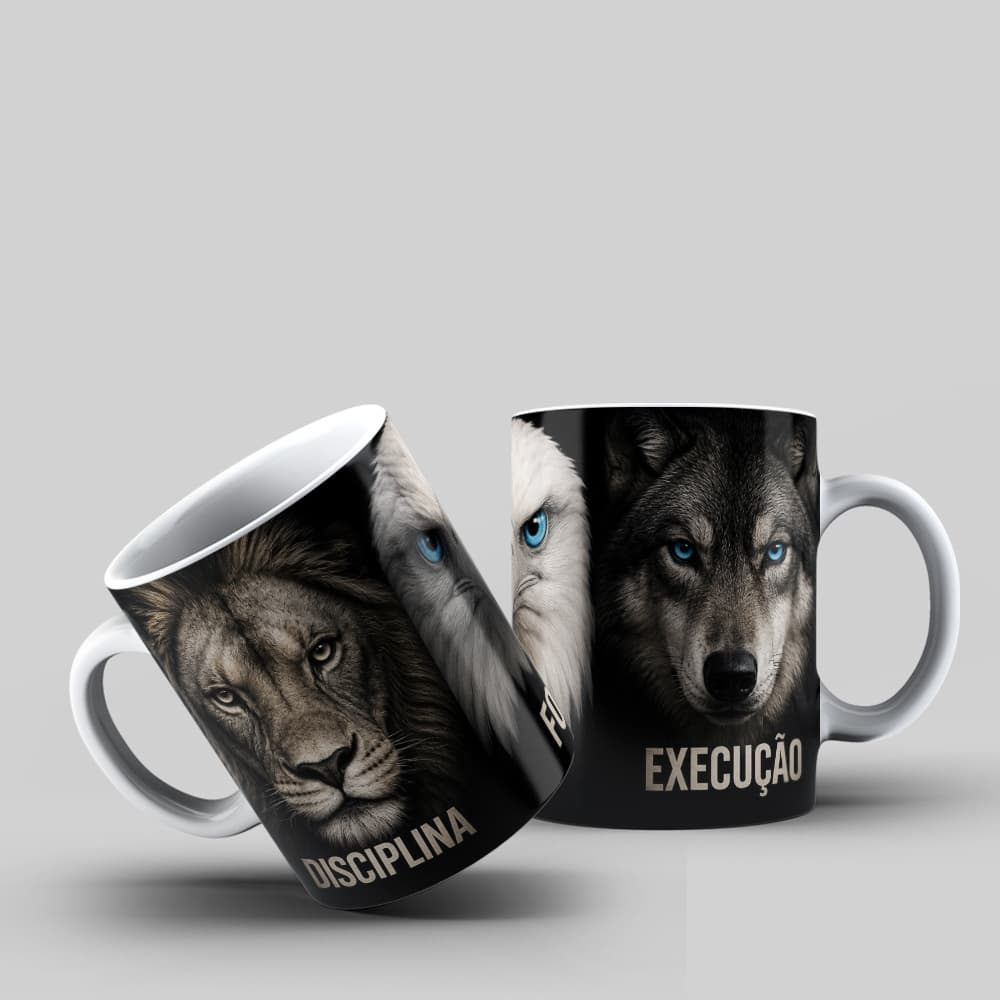 Caneca Leão Águia Lobo Disciplina Foco Presente Criativo
