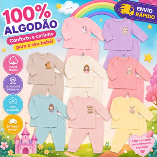 Conjunto Infantil Até 8 Peças Bebê Menina Manga Longa com Mijão 100% Algodão Premium