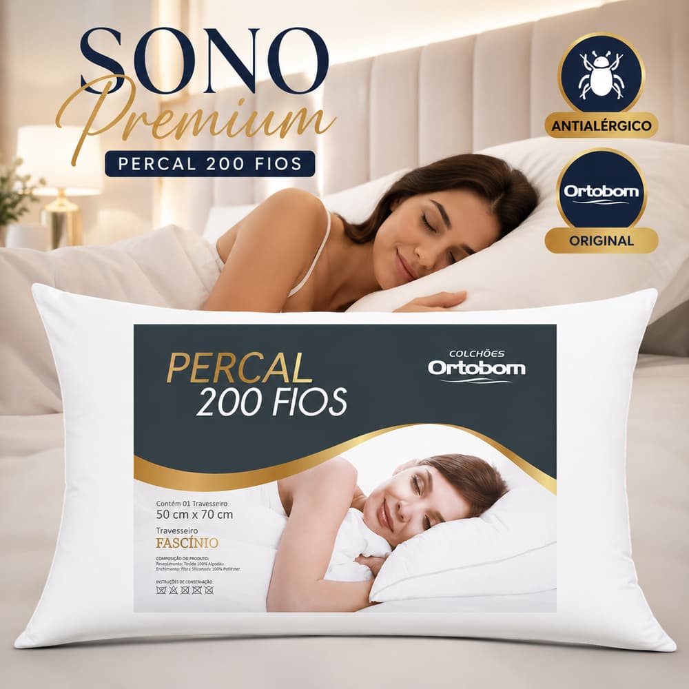 Travesseiro Ortobom Percal 200 Fios 70x50 Antialérgico Extra Macio