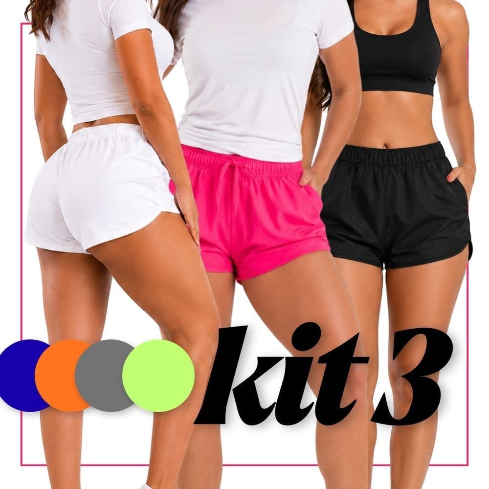 KIT 3 Shorts Tactel Feminino Academia Praia Beach Tenis Shortinhos Exercícios