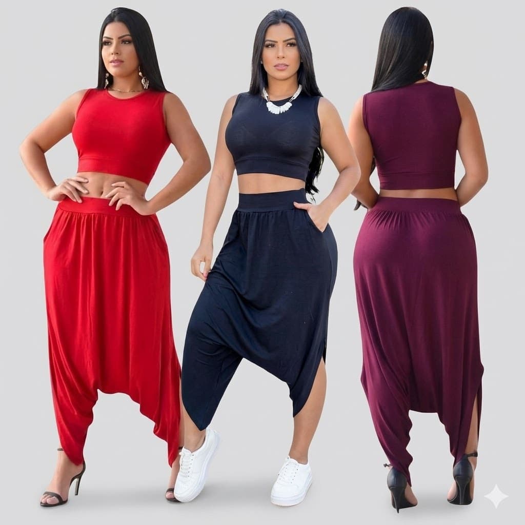 conjunto cropped feminino calça saruel moderno elegante confortável moda feminina casual verão blogueira