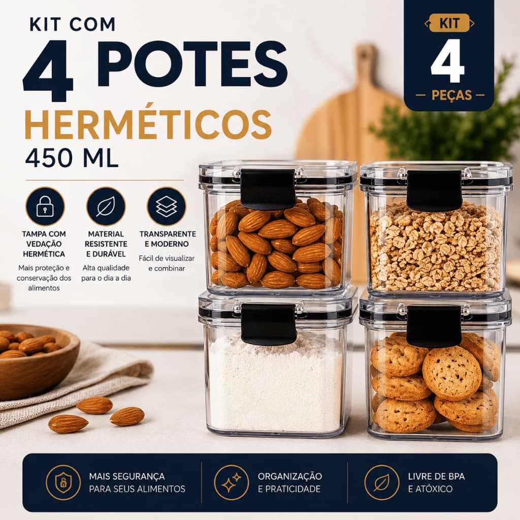 Kit 4 Potes 450ml Hermético Acrílico Tampa Trava Empilhável