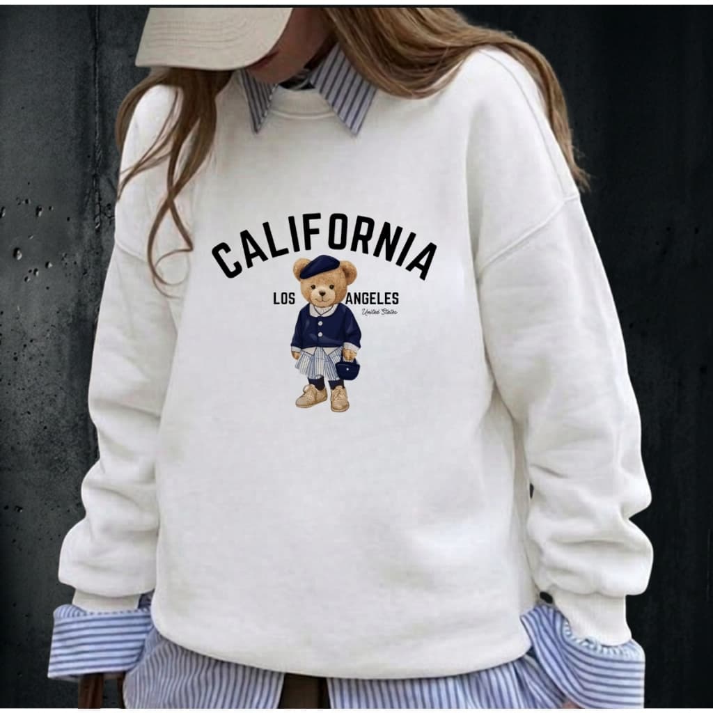 Casaco de Inverno Moletom Feminino Blusa de Frio blusão de frio Califórnia branco estampado ursinho unissex quente