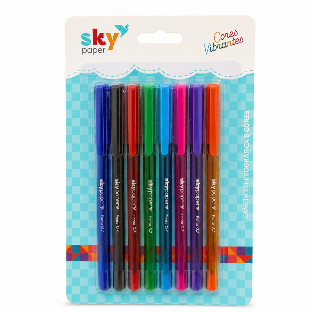 Estojo kit de Canetas esferográficas - Sky Paper - 0.7 Com 8 cores vibrantes coloridas