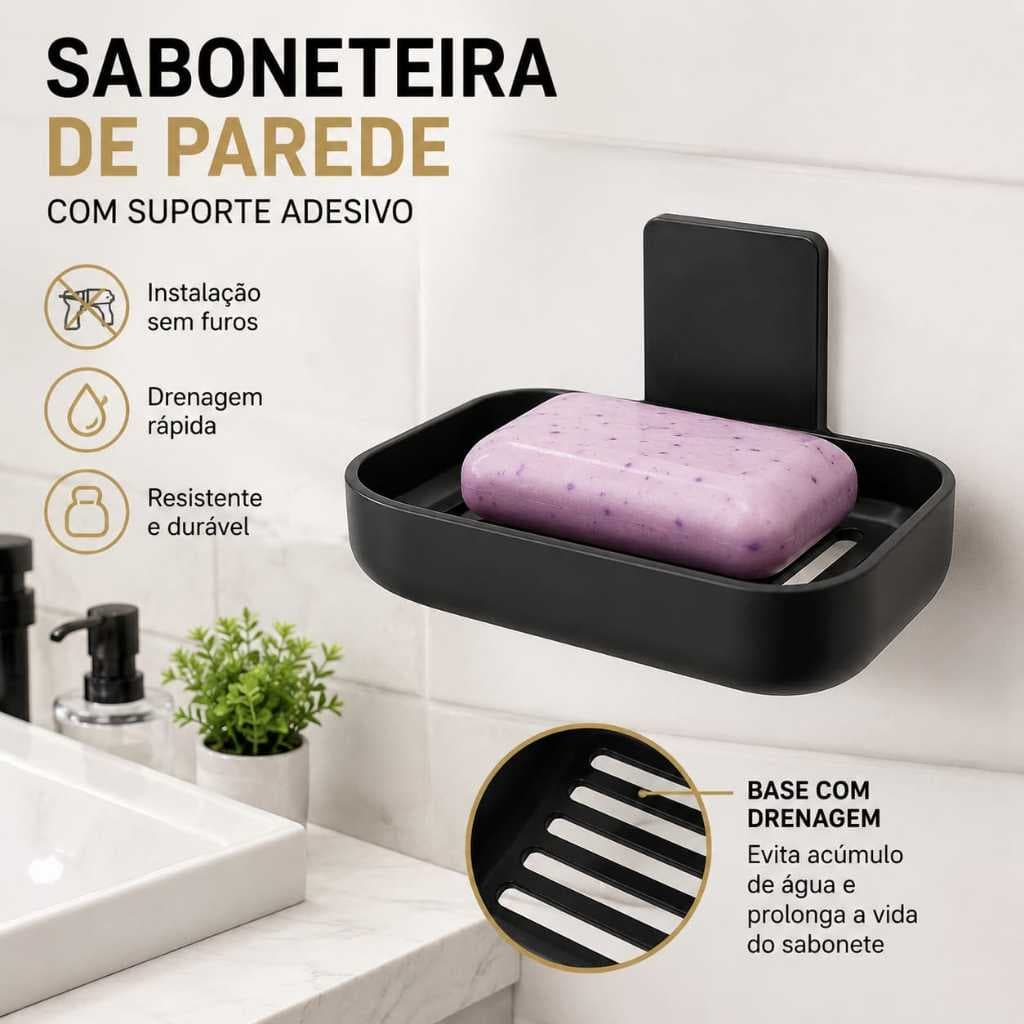 Kit com 2 ou 3 Saboneteiras Adesiva Preta Sem Furo Fixação na Parede Banheiro Lavanderia Fixação Forte Casa Organização