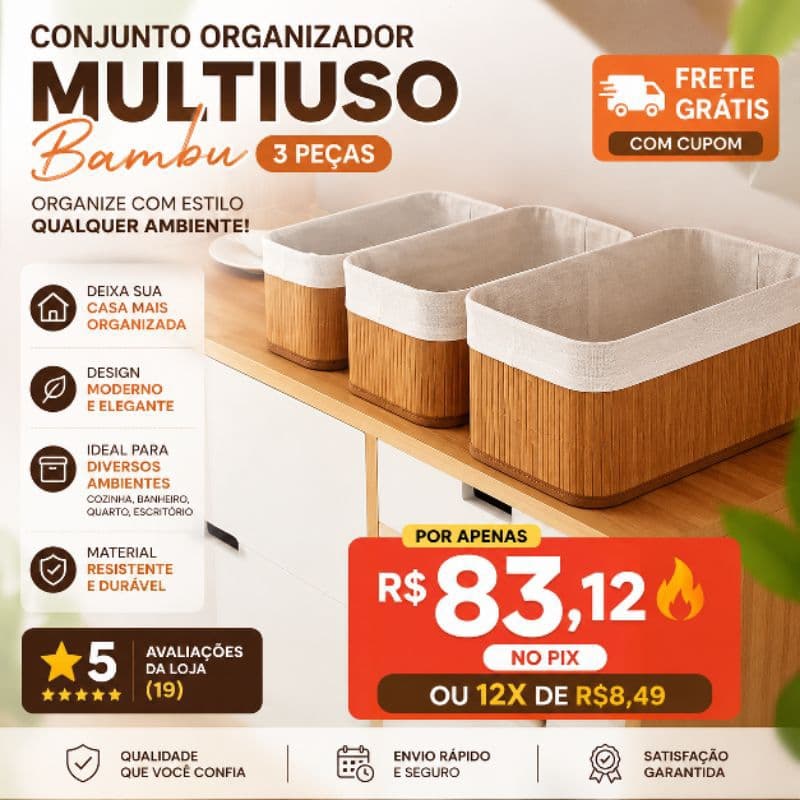 Conjunto Organizador Multiuso Bambu 3 Pecas Cestos Decorativos Praticos Organizar Casa Escritório