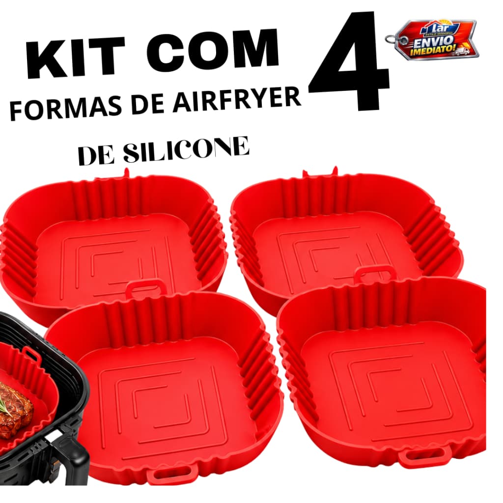 Kit 2 ou 4 Formas de Silicone Quadrada 21x21 cm Assadeira Air Fryer e Forno Forma para Fritadeira Elétrica com Alça