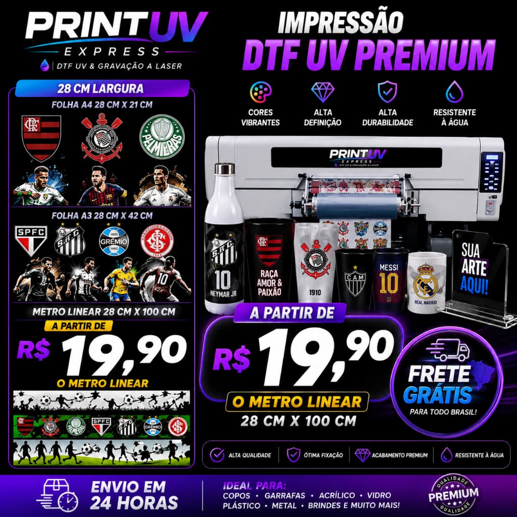 DTF UV PREMIUM COM ENVIO RÁPIDO – Ideal para Canecas, Acrílico, Vidro e Copos