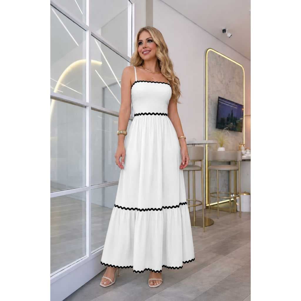 Vestido Longo Feminino Alça Fina | Costas com Elastex Confortável | Vestido Casual Sofisticado