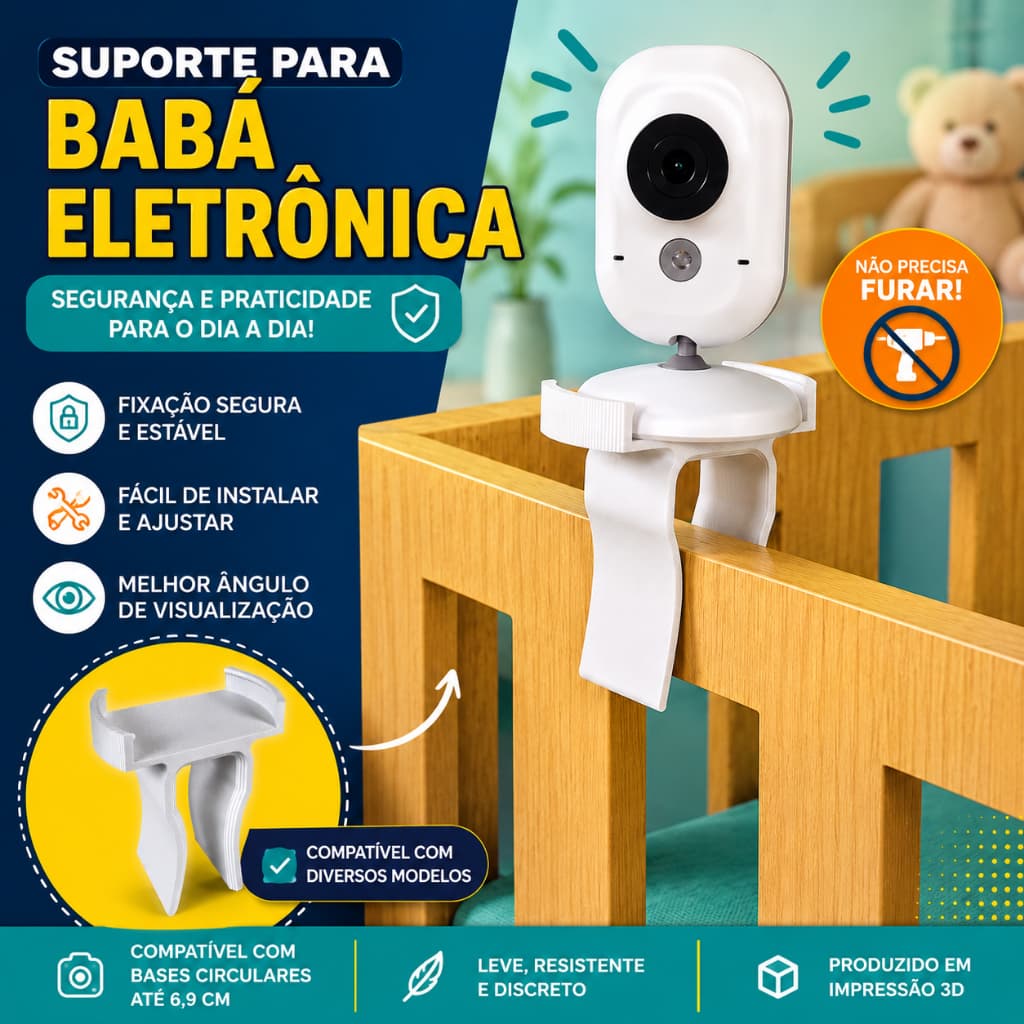Suporte Adaptador Tipo Presilha para Berço Compatível com Câmera Wi-fi Babá Eletrônica